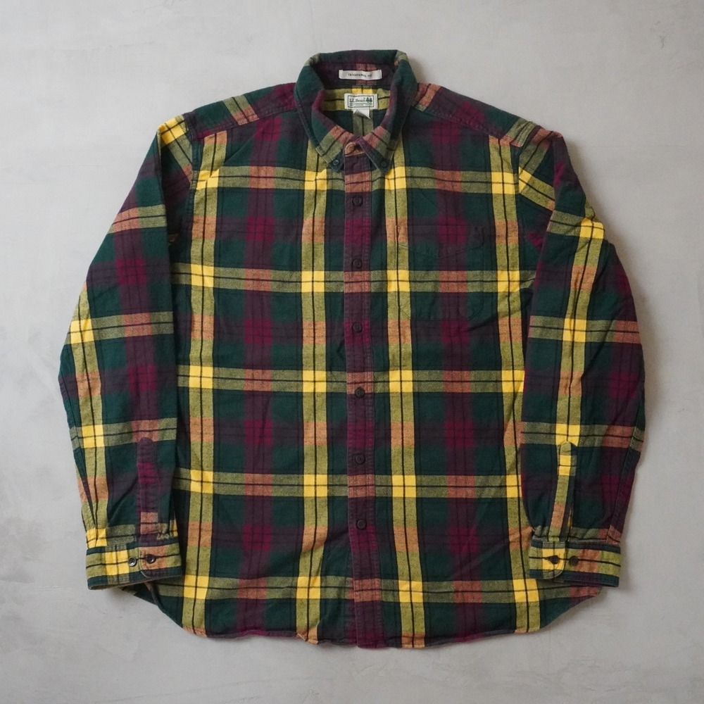 Vintage LL Bean Mens XL Traditional Fit Flannel Shirt Green Yellow Plaid